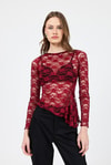 Bluz-Bordo Uzun Kollu Transparan Dantel Bluz 13288-rulem