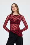 Bluz-Bordo Uzun Kollu Transparan Dantel Bluz 13288-rulem