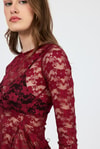Bluz-Bordo Uzun Kollu Transparan Dantel Bluz 13288-rulem