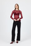 Bluz-Bordo Uzun Kollu Transparan Dantel Bluz 13288-rulem