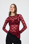 Bluz-Bordo Uzun Kollu Transparan Dantel Bluz 13288-rulem