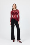 Bluz-Bordo Uzun Kollu Transparan Dantel Bluz 13288-rulem