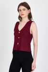 Bluz-Bordo V Yaka Düğmeli  Kolsuz Bluz 019-rulem
