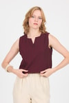 Bluz-Bordo V Yaka Kolsuz Crop Bluz 8027-rulem