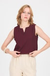 Bluz-Bordo V Yaka Kolsuz Crop Bluz 8027-rulem