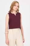 Bluz-Bordo V Yaka Kolsuz Crop Bluz 8027-rulem