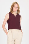 Bluz-Bordo V Yaka Kolsuz Crop Bluz 8027-rulem