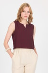 Bluz-Bordo V Yaka Kolsuz Crop Bluz 8027-rulem