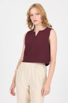 Bluz-Bordo V Yaka Kolsuz Crop Bluz 8027-rulem