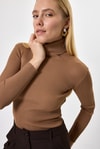 Bluz-Camel Fitilli Balıkçı Yaka Uzun Kollu Bluz 2302-rulem