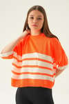 Bluz-Çizgi Detay Oversize Tişört 1454 Orange -rulem