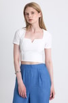 Bluz-Ekru Kare Yaka V Kesim Detaylı Crop Bluz 10432-rulem