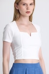 Bluz-Ekru Kare Yaka V Kesim Detaylı Crop Bluz 10432-rulem