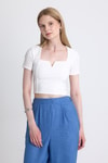 Bluz-Ekru Kare Yaka V Kesim Detaylı Crop Bluz 10432-rulem