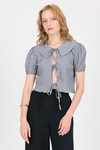 Bluz-Gri Bağlama Detaylı Bebe Yaka Crop Bluz 8064-rulem