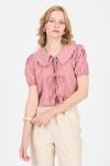 Bluz-Gül Bağlama Detaylı Bebe Yaka Crop Bluz 8064-rulem