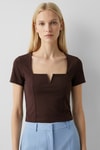 Bluz-Kahve Kare Yaka V Kesim Detaylı Crop Bluz 10432-rulem