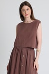 Bluz-Kahverengi Keten Görünümlü %100 Pamuk Kolsuz Crop Bluz 3419-1-rulem