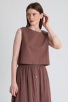 Bluz-Kahverengi Keten Görünümlü %100 Pamuk Kolsuz Crop Bluz 3419-1-rulem
