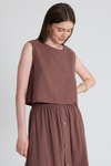 Bluz-Kahverengi Keten Görünümlü %100 Pamuk Kolsuz Crop Bluz 3419-1-rulem