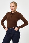 Bluz-Kahverengi Polo Yaka Düğmeli Uzun Kollu Bluz 8222A-rulem