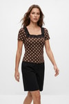 Bluz-Kare Yaka Dantel Detaylı Puantiyeli Crop Bluz 089 Kahve -rulem
