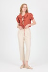 Bluz-Kiremit Bağlama Detaylı Bebe Yaka Crop Bluz 8064-rulem