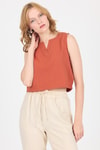 Bluz-Kiremit V Yaka Kolsuz Crop Bluz 8027-rulem