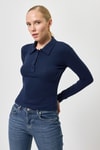 Bluz-Lacivert Polo Yaka Düğmeli Uzun Kollu Bluz 8222A-rulem