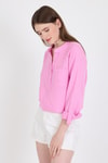 Bluz-Pembe %100 Pamuk Keten Görünümlü Hakim Yaka Crop Gömlek 4702A-rulem