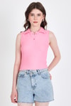 Bluz-Pembe Düğmeli Polo Yaka Sıfır Kol Örme Bluz 2219-rulem