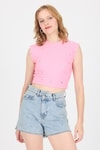 Bluz-Pembe Gümüş Kalp Detaylı Crop Tişört 2499-rulem