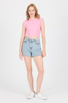 Bluz-Pembe Gümüş Kalp Detaylı Crop Tişört 2499-rulem