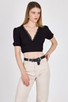 Bluz-Siyah Dantel Detaylı Bürümcük Kumaş Crop Bluz 2231-rulem