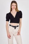 Bluz-Siyah Dantel Detaylı Bürümcük Kumaş Crop Bluz 2231-rulem