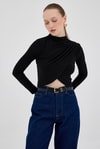 Bluz-Siyah Drapeli Yüksek Yaka Uzun Kollu Bluz 2379-rulem