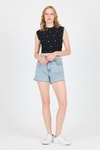 Bluz-Siyah Gümüş Kalp Detaylı Crop Tişört 2499-rulem