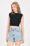 Bluz-Siyah Gümüş Kalp Detaylı Crop Tişört 2499-rulem