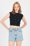 Bluz-Siyah Gümüş Kalp Detaylı Crop Tişört 2499-rulem