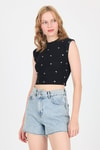 Bluz-Siyah Gümüş Kalp Detaylı Crop Tişört 2499-rulem