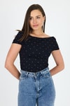 Bluz-Siyah Kayık Yaka Taş Detaylı Büzgülü Bluz 2462-rulem