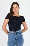 Bluz-Siyah Kayık Yaka Taş Detaylı Büzgülü Bluz 2462-rulem