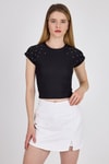 Bluz-Siyah Omuz Boncuk Detaylı Slim Fit Crop Tişört 9208M-rulem