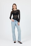 Bluz-Siyah Uzun Kollu Transparan Dantel Bluz 13288-rulem