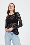 Bluz-Siyah Uzun Kollu Transparan Dantel Bluz 13288-rulem