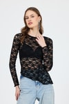 Bluz-Siyah Uzun Kollu Transparan Dantel Bluz 13288-rulem