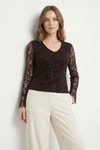 Bluz-V Yaka İspanyol Kol Dantelli Bluz 8518A Kahve -rulem