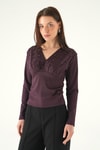 Bluz-V Yaka Ön İncili Bluz 8391A Mürdüm -rulem