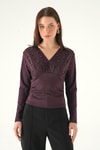 Bluz-V Yaka Ön İncili Bluz 8391A Mürdüm -rulem