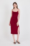 Bordo Askılı Yırtmaçlı Drape Detaylı Dokuma Elbise 21003